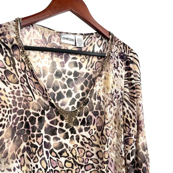 Chicos Sz 1 Medium 100% SILK Sheer Animal Print Blouse Shirt Top 3/4 Sleeve - Picture 4 of 8